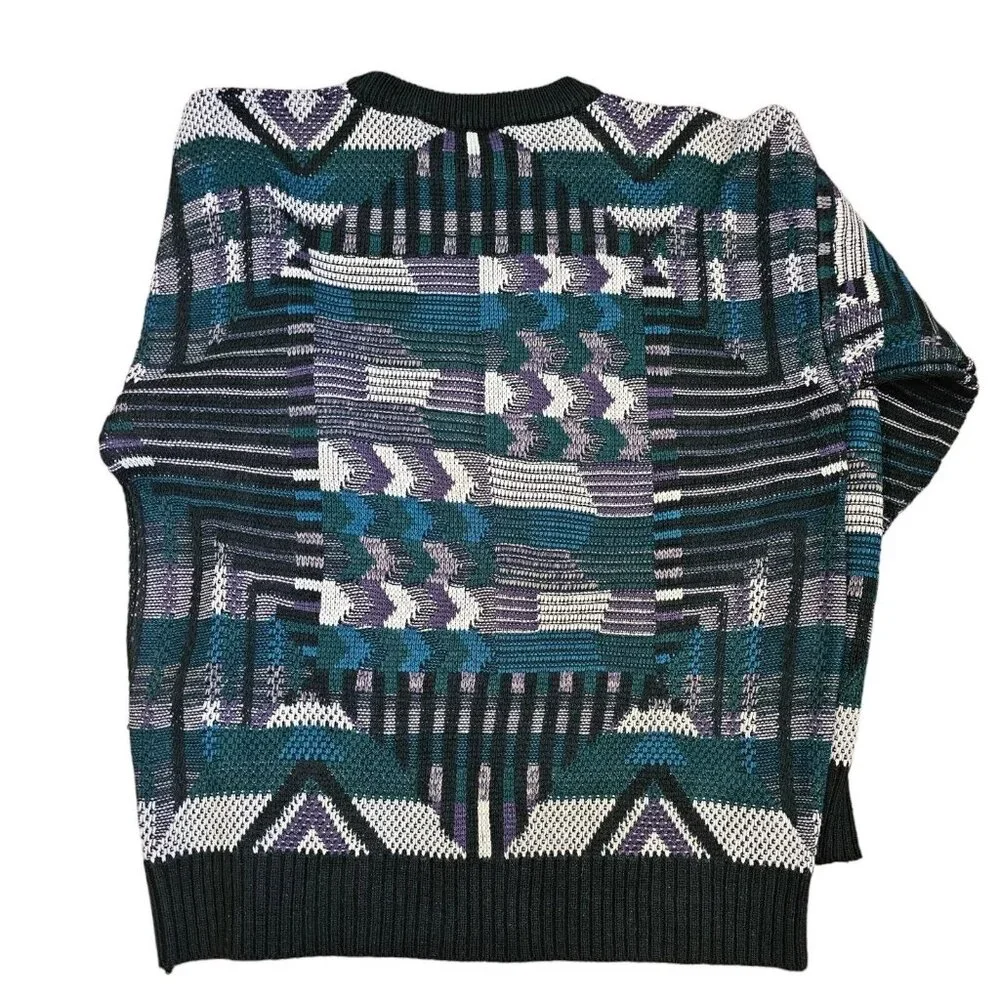 Vintage 80s 90s Mens Large Dad Sweater Faux‎ Leather Patches Geometric Retro